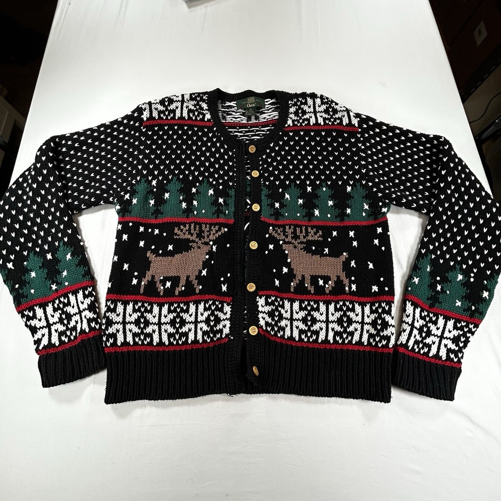 Orvis Chunky Holiday Cardigan Sz M Sweater Women's Christmas Elk Heavy Ugly